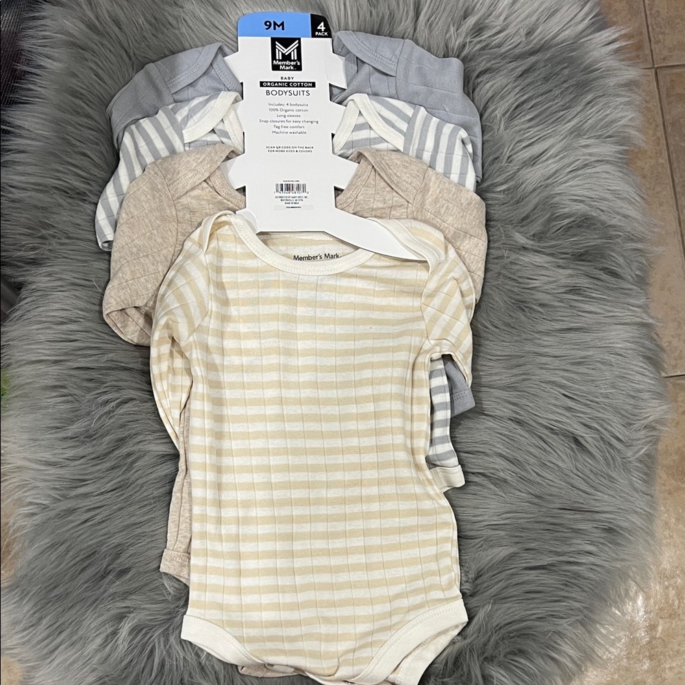 NWT Member's Mark Baby Bodysuits Set Organic Cotton Long Sleeve sz 9months